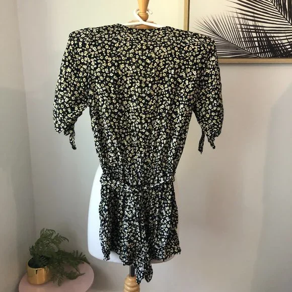 Faithfull The Brand Black & Cream Floral Short Sleeve Play Suit Romper Size 8 - Picture 7 of 10